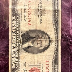1953 red seal 2 dollar bill